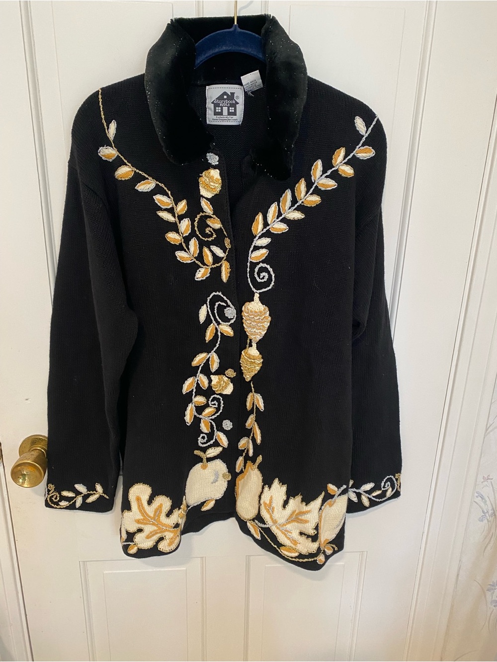 Storybook Knits Women’s Black Embroidered Knit Sweater Gold & Cream Accents 1X